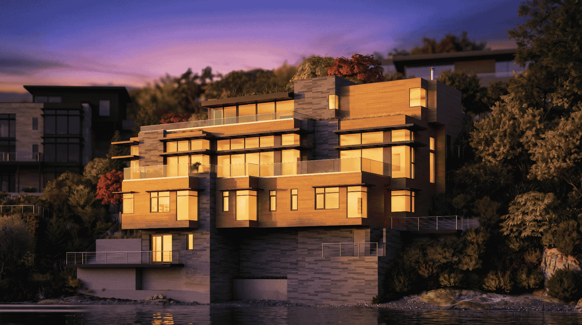 The Belvedere Glasshouse at twilight overlooking the San Francisco bay