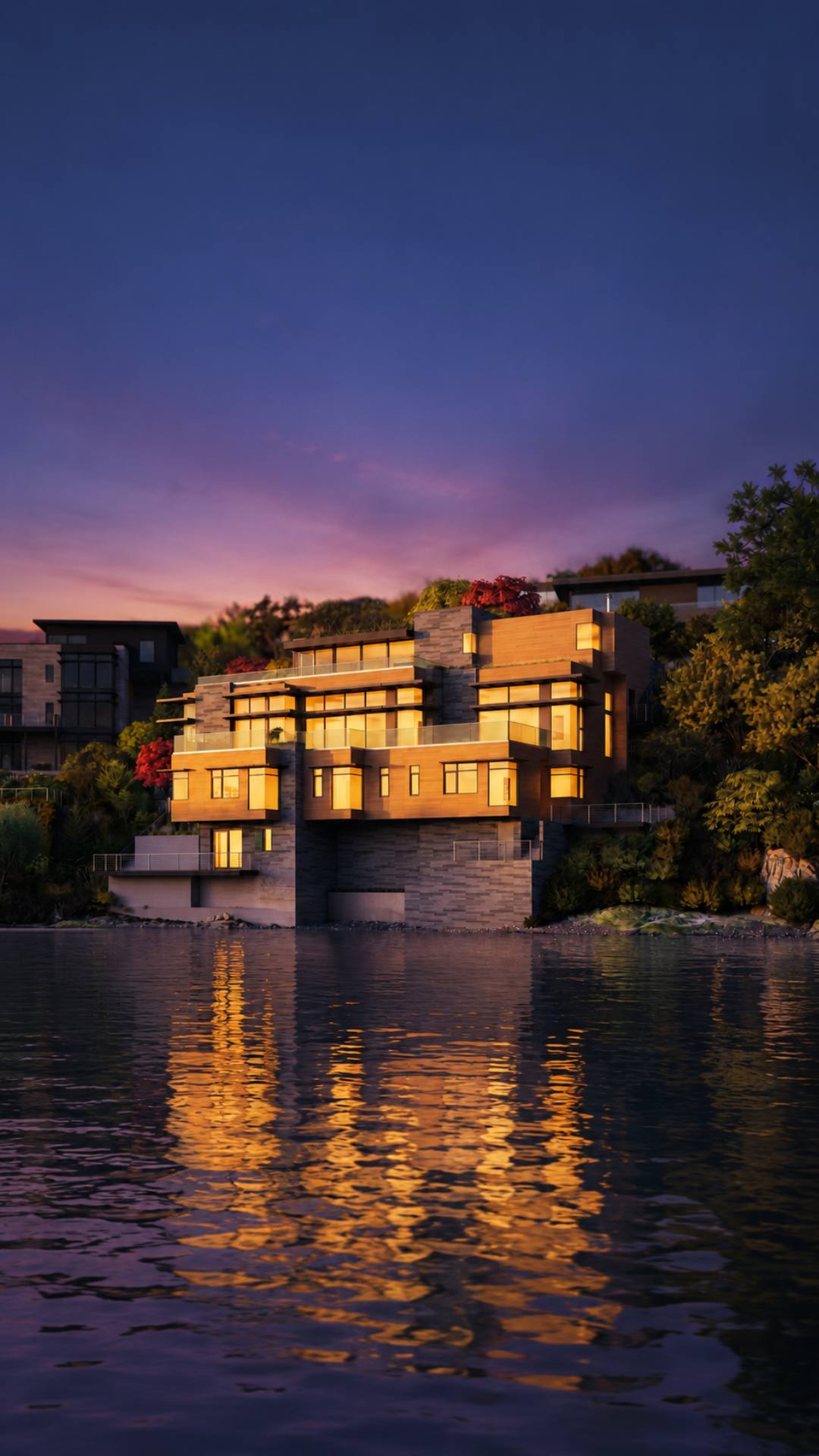 The Belvedere Cliff House at twilight overlooking the bay